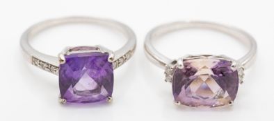 Two Hallmarked 9ct White Gold Amethyst Ametrine Diamond Rings