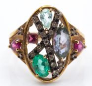 A Hallmarked 9ct Gold Harlequin Gem & Diamond Ring