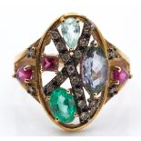 A Hallmarked 9ct Gold Harlequin Gem & Diamond Ring