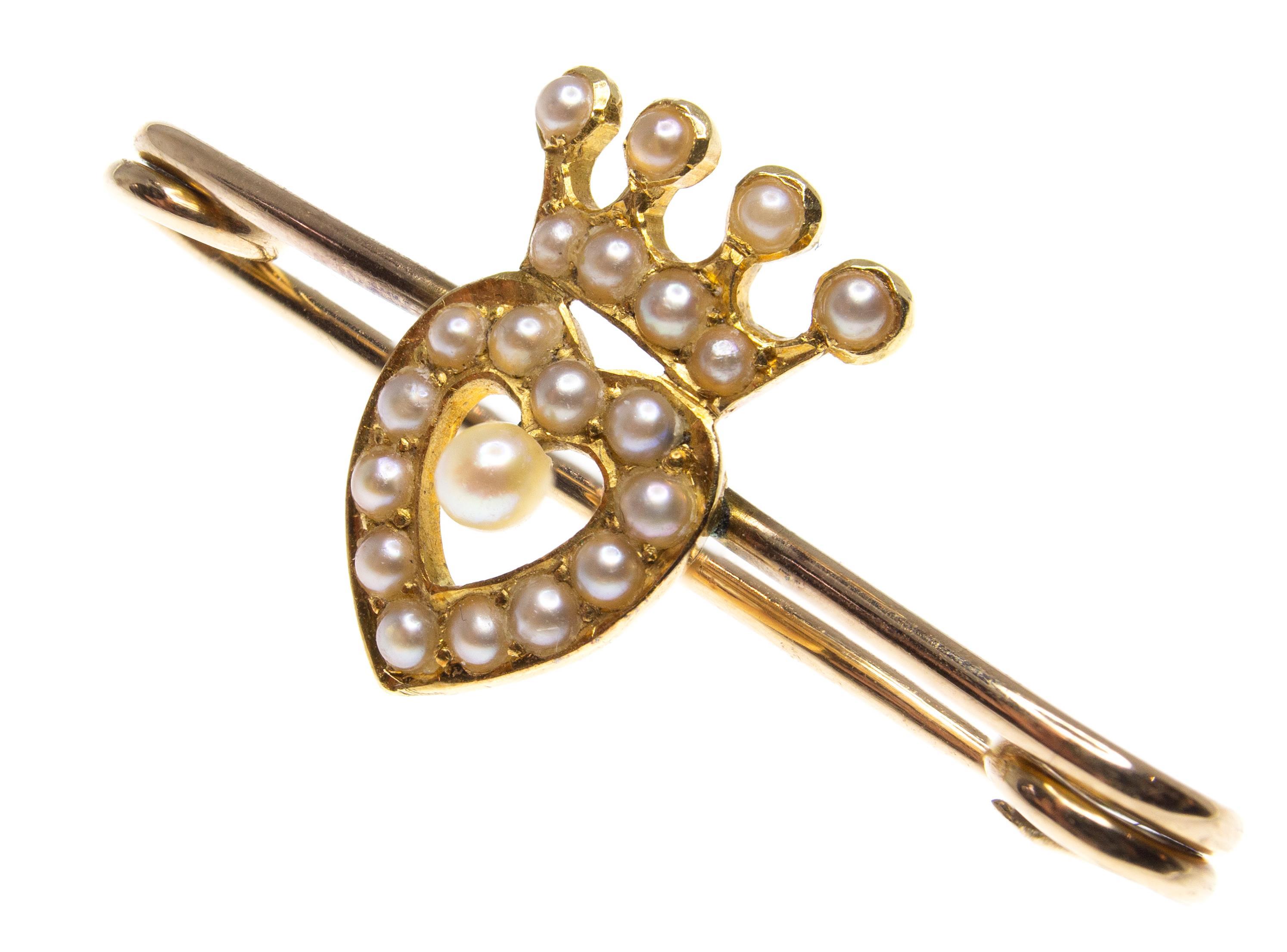 Gold & Seed Pearl Heart & Coronet Pin Brooch - Image 5 of 5