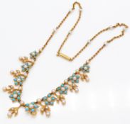 An Antique Gold Pearl & Turquoise Fringe Necklace