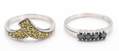 Two Hallmarked 9ct Gold & Fancy Colour Diamond Rings.