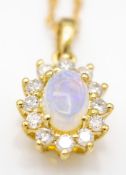 18ct Yellow Gold Opal & Diamond Cluster Pendant and Back Chain