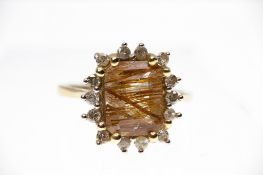 9ct Gold Rutile Quartz & Diamond Ring