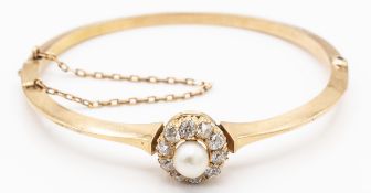 A French 18ct Gold Diamond & Pearl Hinged Bangle