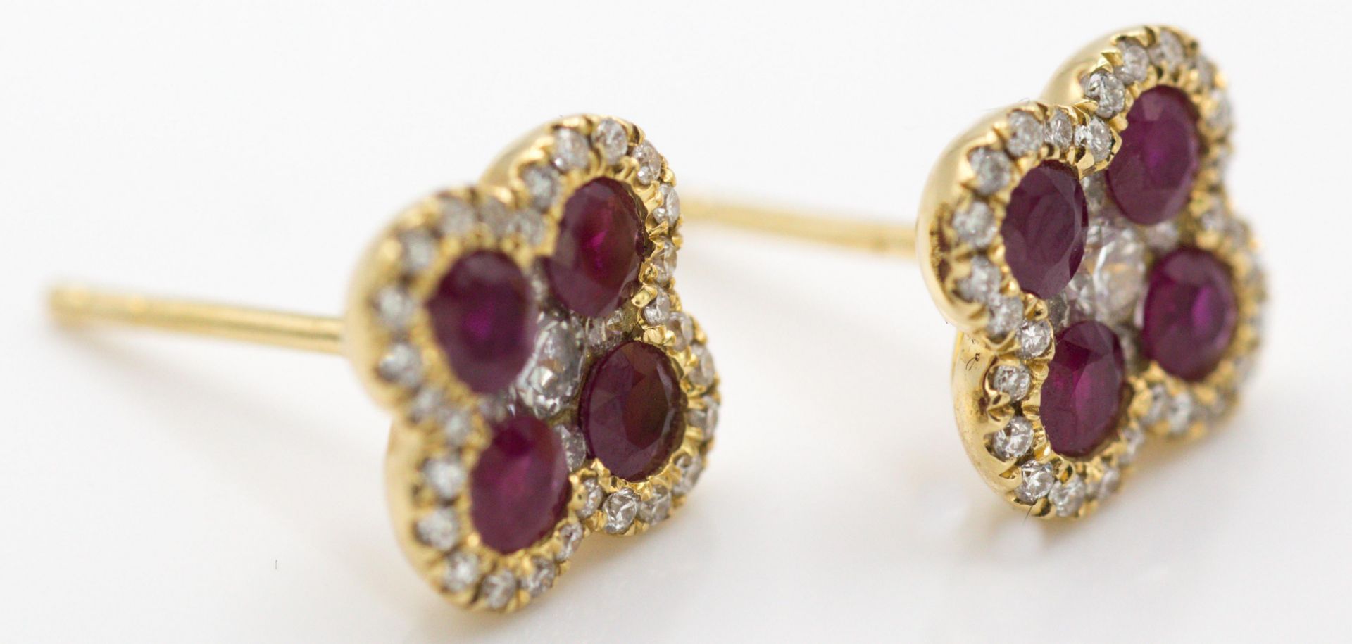 Pair of 18ct Yellow Gold Ruby & Diamond Clover Leaf Earrings - Image 2 of 3