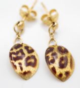 Pair of 9ct Yellow Gold Tiger Pattern Leaf Shaped Drop Earrings