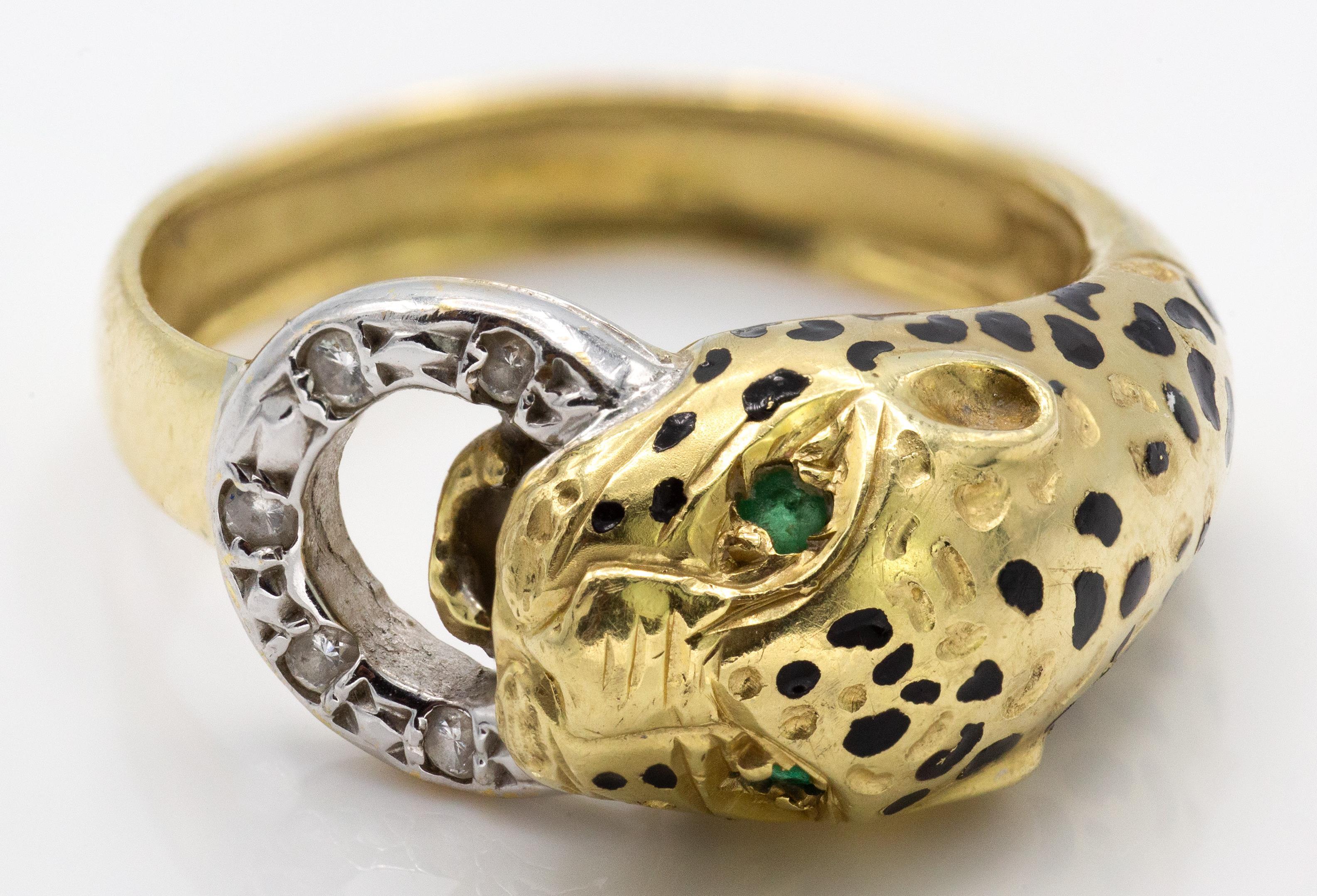 18ct Gold Emerald & Diamond Figural Leopard Ring