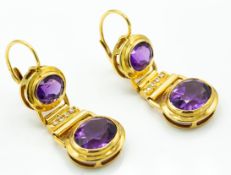 A Pair of Italian 18ct Gold Amethyst & Diamond Drop Earrings