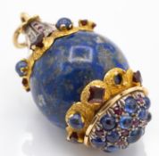 A LARGE GOLD & SILVER MOUNTED LAPIS LAZULI DIAMOND SAPPHIRE & RUBY PENDANT