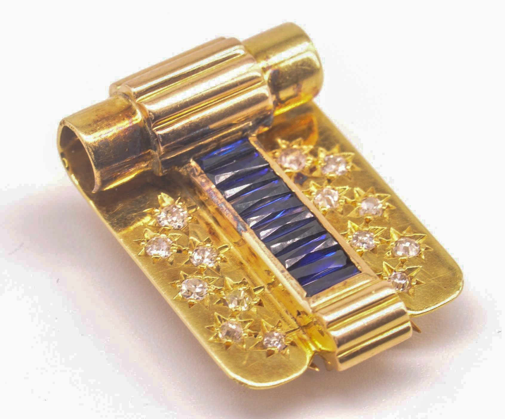 An Art Deco 18ct Gold French Sapphire & Diamond Dress Clip