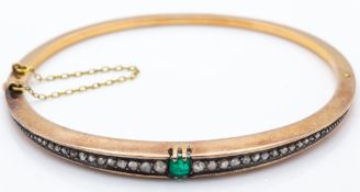 An Antique 18ct Gold Emerald & Diamond Hinged Bangle