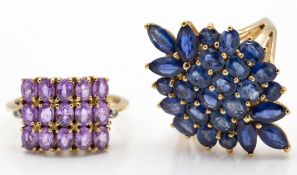 Two Hallmarked 9ct Yellow Gold & Sapphire Cluster Rings