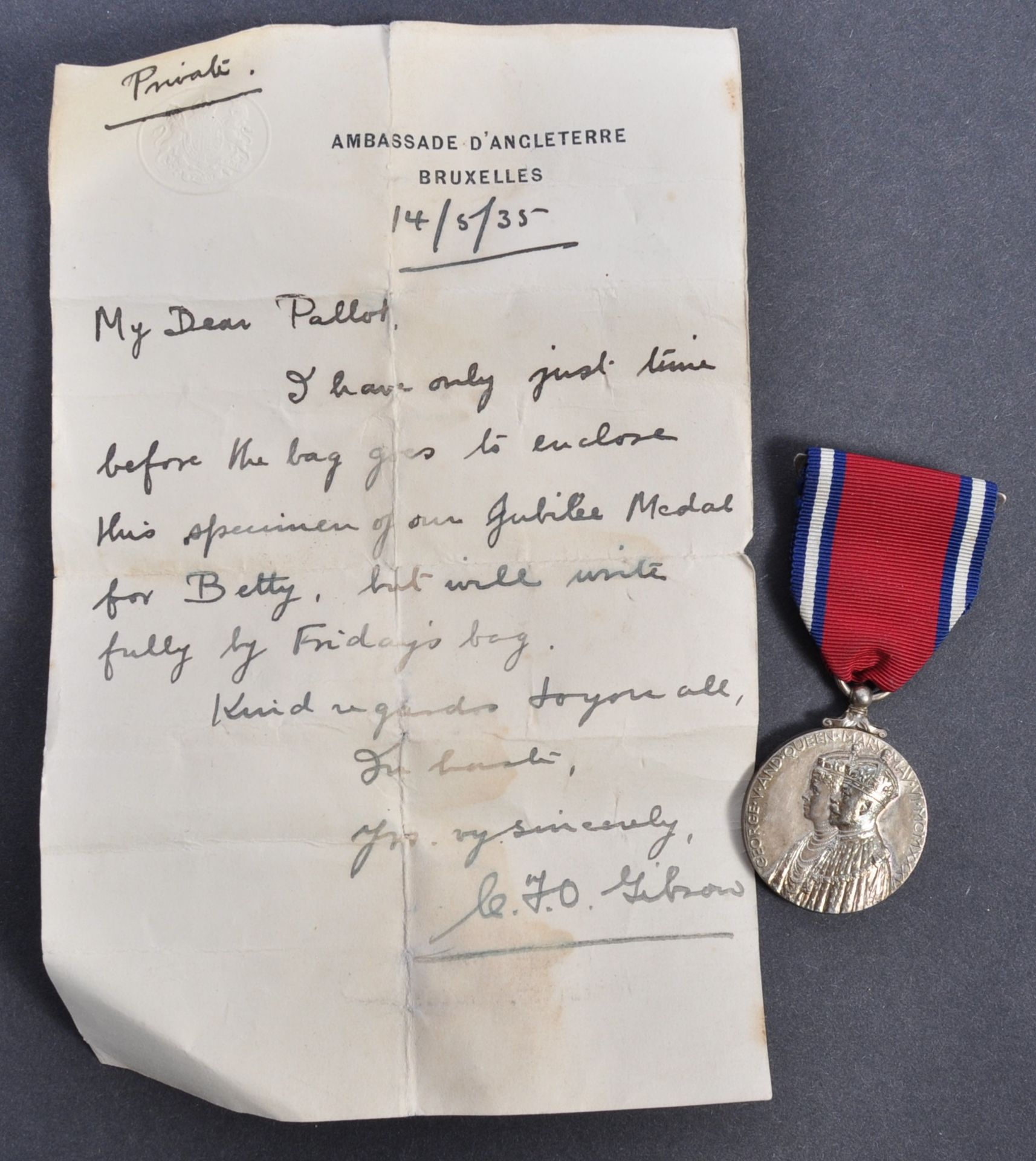 SPECIMEN GEORGE V 1935 JUBILEE MEDAL & LETTER