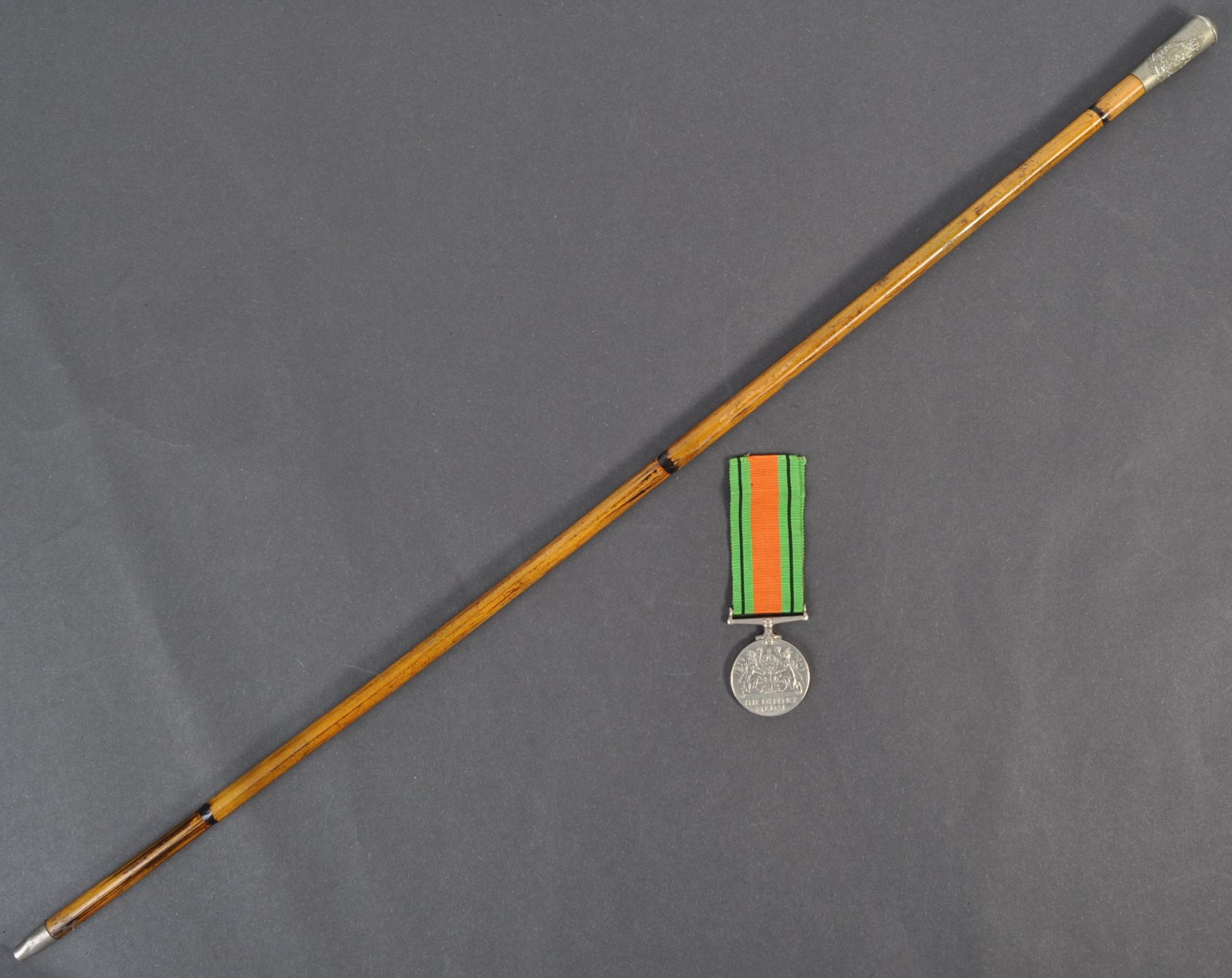 WWII DEFENCE MEDAL & ROYAL ARMY MEDICAL CORPS SWAGGER STICK