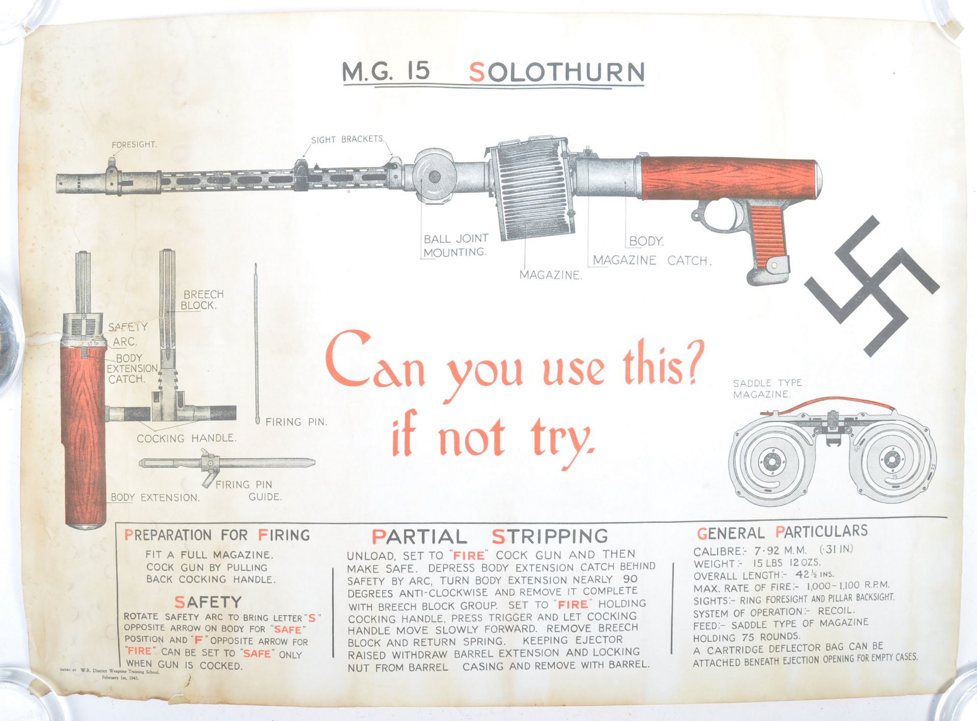 SCARCE ORIGINAL WWII WEAPONS TRAINING MG15 1943 POSTER