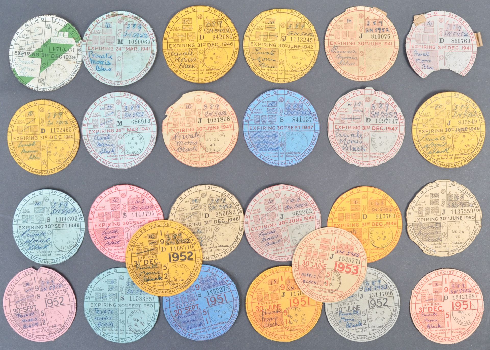 LARGE COLLECTION OF 1930S - 1950S TAX DISCS FOR THE SAME VEHICLE