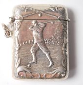 A STAMPED STERLING SILVER VESTA CASE WITH GOLF REL