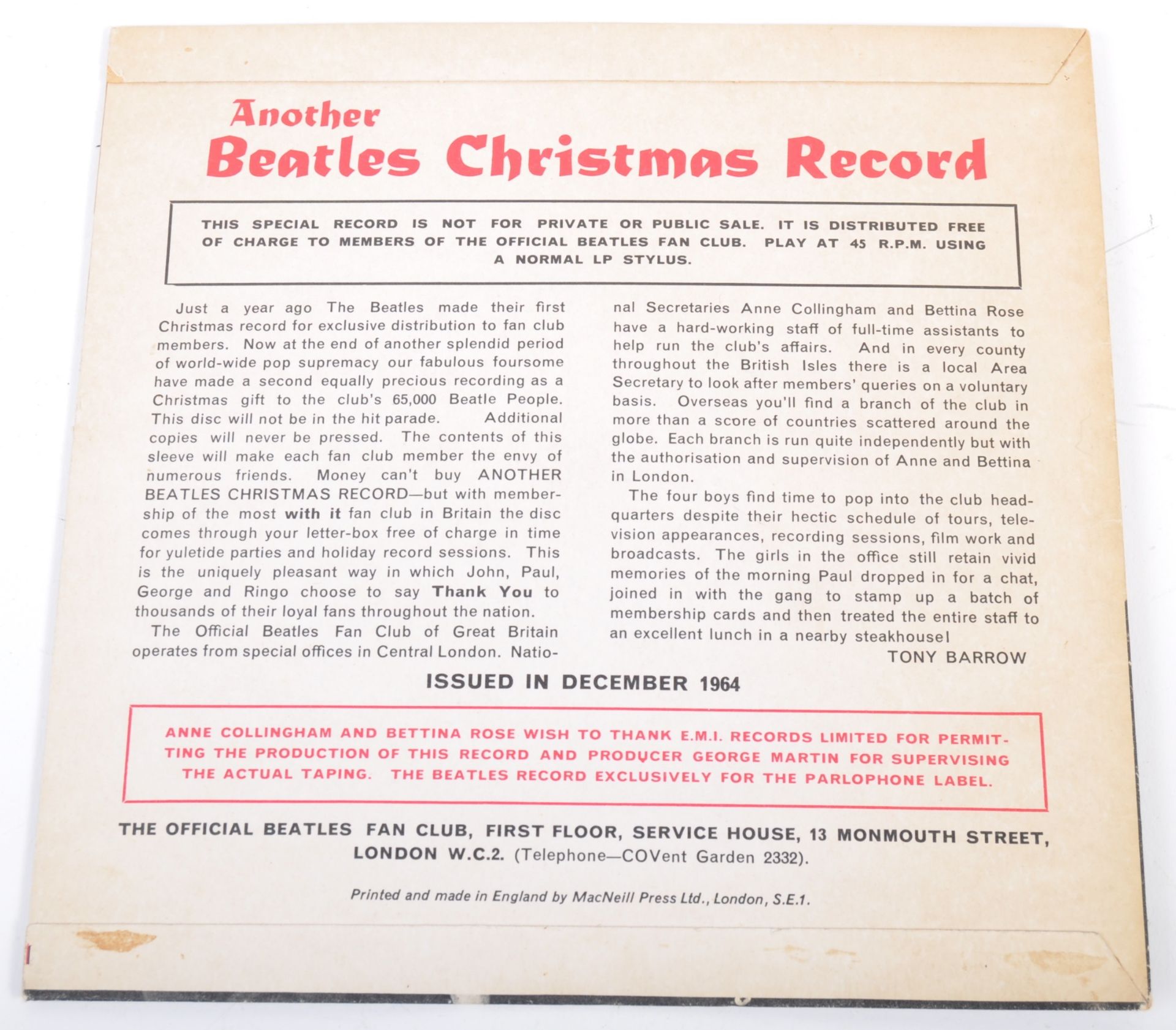THE BEATLES - 1964 CHRISTMAS FLEXI DISC - Bild 2 aus 4