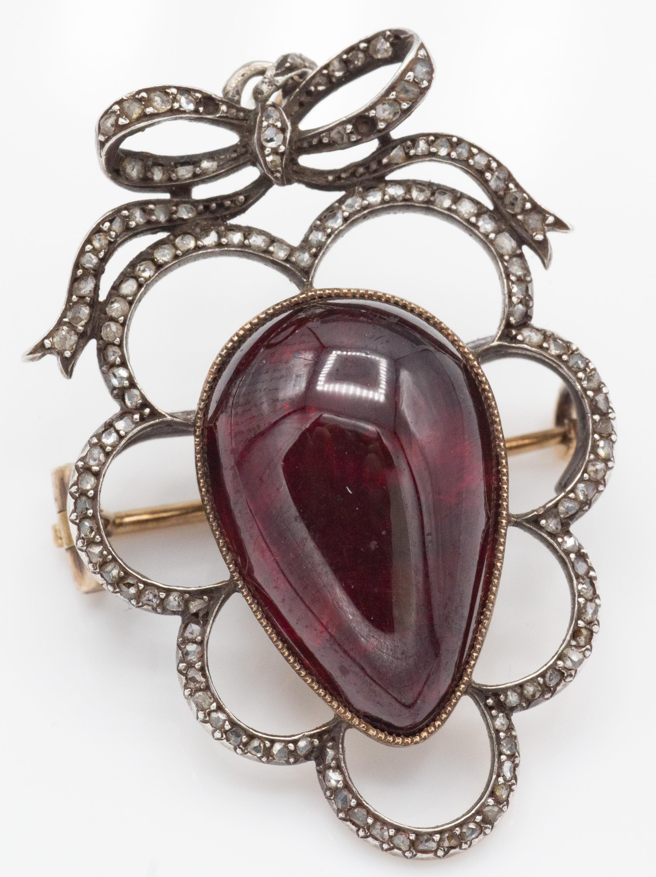 Antique French silver diamond and garnet pendant brooch