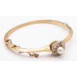 A French 18ct Gold Diamond & Pearl Hinged Bangle
