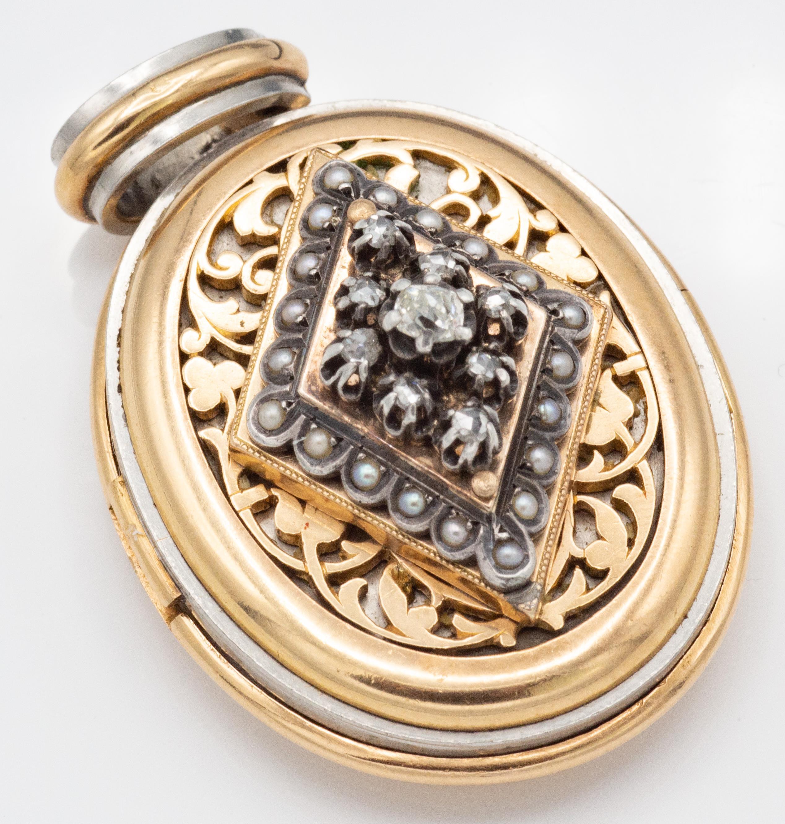 Antique French 18ct Gold Platinum Silver Diamond Pearl Locket Pendant