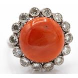 Platinum Diamond & Coral Cabochon Ring.