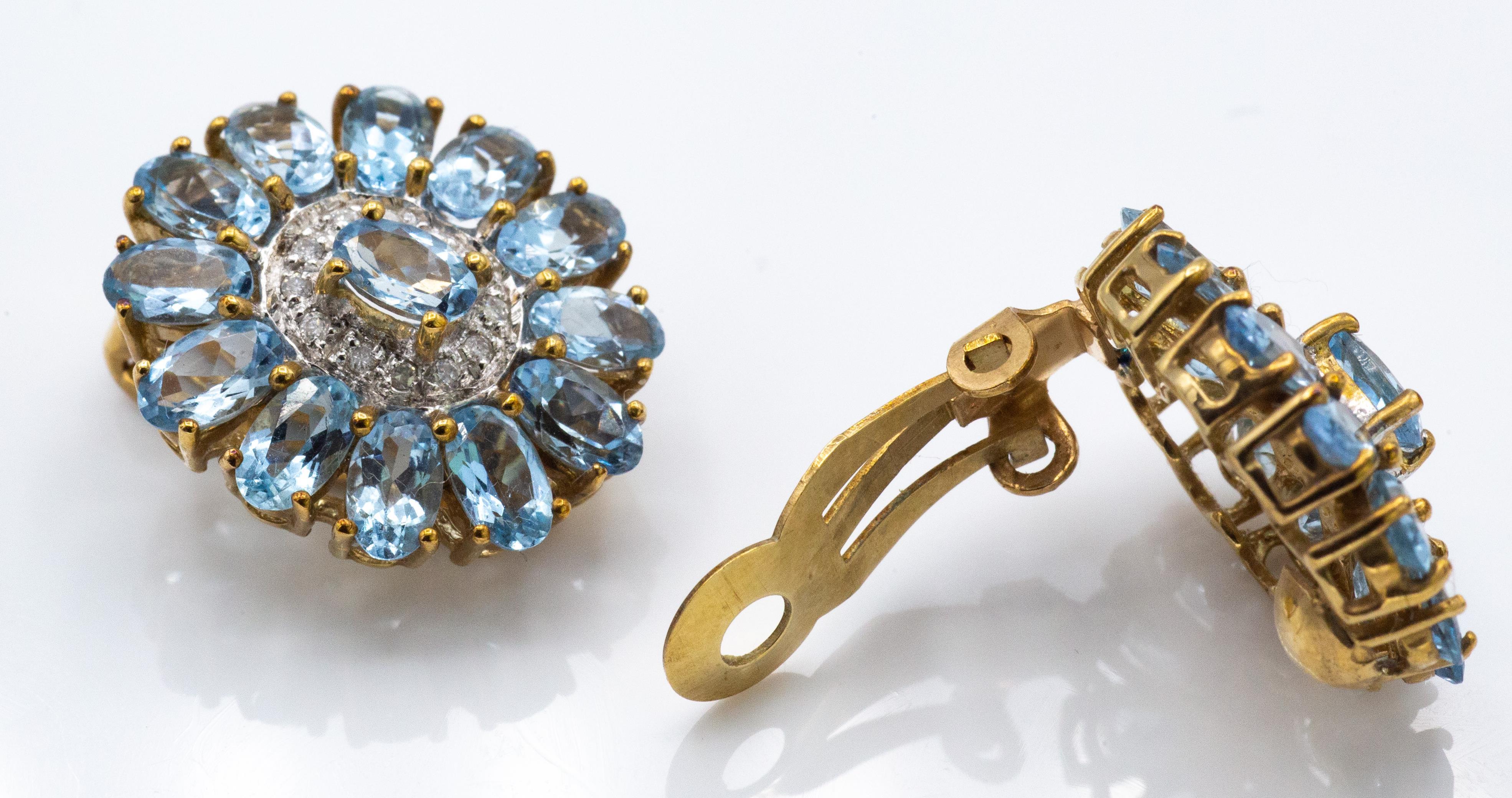 A Pair of 9ct Gold Aquamarine & Diamond Cluster Earrings - Image 2 of 3