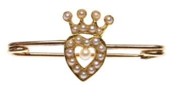 Gold & Seed Pearl Heart & Coronet Pin Brooch