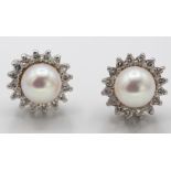 Pair of 9ct White Gold Cultured Pearl and Diamond Cluster Earrings