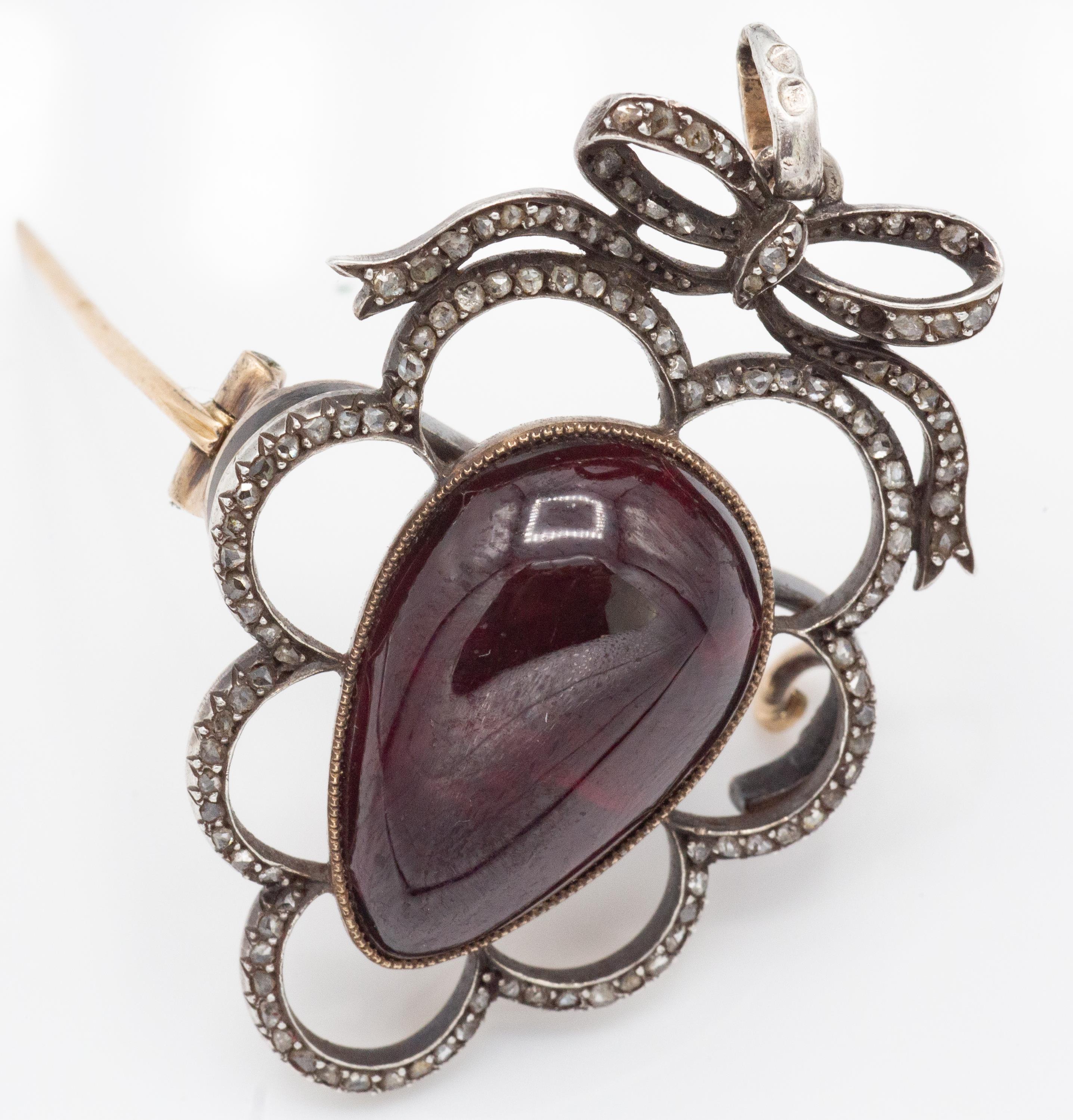 Antique French silver diamond and garnet pendant brooch - Image 2 of 3