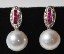 18CT GOLD, RUBY AND PEARL DRESS EARRINGS