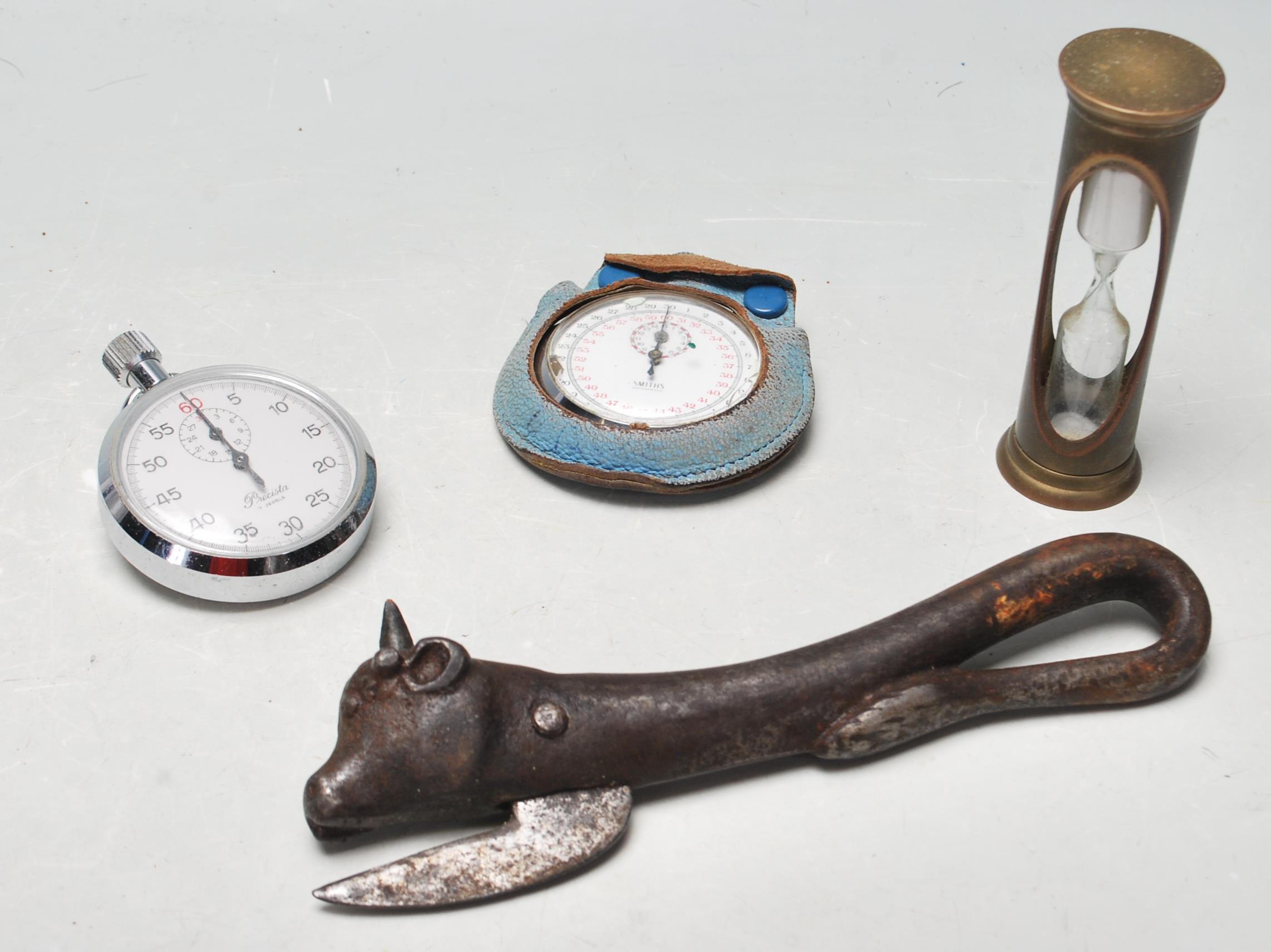 TWO 60 MINUTE STOPWATCHES - BRASS CLEPSYDRA - ANTIQUE CAN OPENER