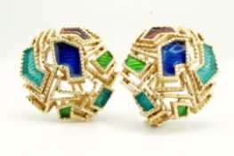 A PAIR OF 18CT GOLD & ENAMEL EAR CLIPS