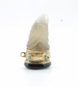 A CARVED AGATE GOLD AND GEM SET SEAL FOB