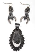 VICTORIAN WHITBY JET EARRINGS AND PENDANT