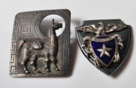 SILVER AND ENAMEL MOUNTAINEERING BADGE & LLAMA BROOCH