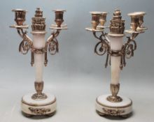 PAIR OF WHITE MARBLE AND SILVER PLATED CANDLESTICKS