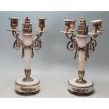 PAIR OF WHITE MARBLE AND SILVER PLATED CANDLESTICKS