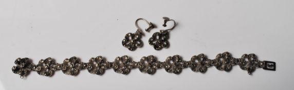 20TH CENTURY ART DECO STERLING SILVER MARCASITE BRACELET AND EARRINGS