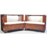 PAIR OF RETRO PINE FRAMED SQUARE ARMCHAIRS
