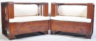 PAIR OF RETRO PINE FRAMED SQUARE ARMCHAIRS