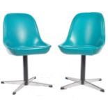 PAIR OF RETRO SWIVEL TUB / DINING CHAIRS UPHOLSTERED IN A TURQUOSIE VINYL