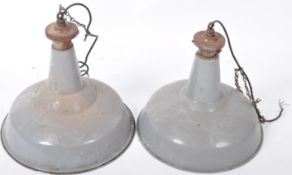 MATCHING PAIR OF ENGLISH INDUSTRIAL GREY ENAMEL PENDANT LIGHT SHADES