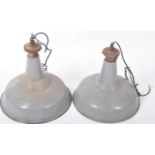 MATCHING PAIR OF ENGLISH INDUSTRIAL GREY ENAMEL PENDANT LIGHT SHADES