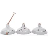 THREE MATCHING VINTAGE INDUSTRIAL ENAMEL PENDANT SHADES