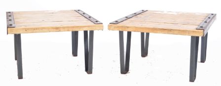 PAIR OF RUSTIC CAST IRON AND PINE COFFEE TABKES