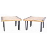 PAIR OF RUSTIC CAST IRON AND PINE COFFEE TABKES