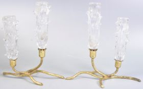 PAIR OF VINTAGE FRENCH GLASS AND GILT METAL CANDLESTICK HOLDERS