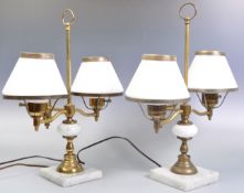 PAIR OF 20TH CENTURY MILK GLASS BRASS AND MARBLE LAMPS